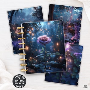May include: A set of three laminated planner covers featuring a dark, enchanted forest scene with a central purple rose and glowing golden fireflies. The covers are held together by gold-colored plastic discs and include the text LAMINATED HP + TUL PLANNER COVER.