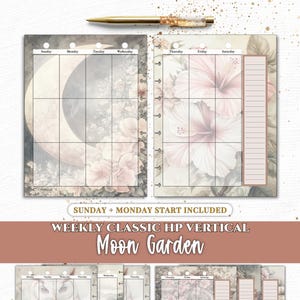 Pode incluir: Um conjunto de inserções para agenda semanal com o tema Moon Garden, com ilustrações florais e celestiais. As páginas incluem grelhas de domingo a sábado, uma caneta dourada e o texto Everpage, Sunday + Monday Start Included e Moon Garden.