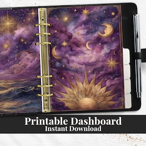 May include: Open black planner with a celestial-themed design. The interior features a watercolor illustration of a purple sky, ocean waves, stars, moons, and a golden sun. The text "Printable Dashboard Instant Download" is at the bottom.
