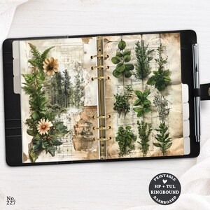 Puede incluir: Una agenda de anillas negra con un panel imprimible de estilo botánico vintage. La página izquierda muestra una escena forestal con helechos y flores, mientras que la derecha presenta varias hierbas verdes sobre papel envejecido. Incluye un bolígrafo.