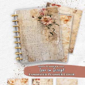 May include: A set of laminated planner covers featuring a vintage aesthetic with beige cracked textures, cursive script writing, and floral illustrations. The covers include gold-colored disc binding rings and the text Everpage, Happy Planner & TUL.