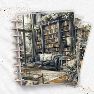 Juego de fundas laminadas para agenda / Happy Planner y TUL / Elegante sala de biblioteca, estilo vintage con libro abierto / Cuaderno con encuadernación de discos