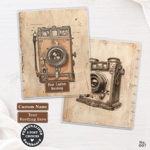 May include: Two rectangular planner covers featuring a vintage camera illustration on a beige, textured paper background. The covers include a brown label with the text Your Custom Wording. Additional labels show Custom Name and Your Wording Here.