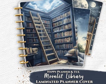 Juego de cubiertas laminadas para agenda / Happy Planner y TUL / Escena de biblioteca literaria, estantería vintage / Cuaderno espiral encuadernado con discos