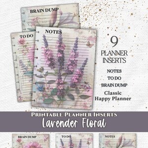 May include: Nine printable planner inserts for a Classic Happy Planner featuring lavender floral designs. The pages include sections labeled Notes, To Do, and Brain Dump with lined paper, vintage-style script, and botanical illustrations of flowers.