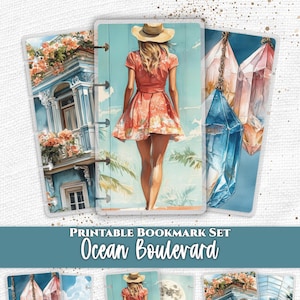 Può includere: Un set di segnalibri stampabili intitolato Ocean Boulevard di Everpage. I disegni raffigurano una persona con un vestito rosso e un cappello da sole, balconi blu con fiori arancioni e cristalli blu e rosa appesi su uno sfondo costiero.