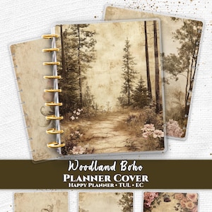 May include: A set of planner covers featuring a sepia-toned woodland path, forest trees, and floral illustrations. The covers include gold-colored disc binding rings and text that reads Everpage, Woodland Boho, Planner Cover, Happy Planner, TUL, EC.