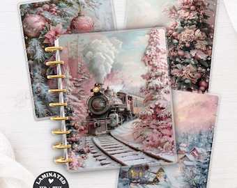 Laminated Planner Cover Set | Happy Planner and TUL | Pink Christmas Train, Winter Village, Floral Holiday Decor | Disc Bound Notebook 048