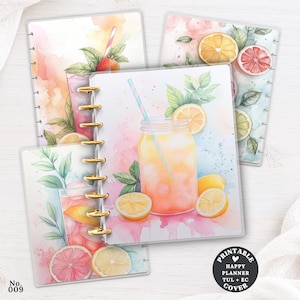May include: Three disc-bound planner covers featuring watercolour illustrations of citrus drinks in mason jars and glasses. The designs include sliced lemons, grapefruits, and mint leaves with pastel pink, yellow, and blue watercolour splashes.