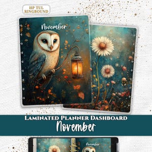 Laminated Monthly Planner Dashboard | Fits Happy Planner and TUL | Discbound Divider Insert | November Owl Lantern Twilight