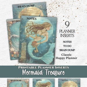 May include: A set of 9 printable planner inserts titled Mermaid Treasure for Classic Happy Planner. The pages feature illustrations of a mermaid, a moon, ocean waves, seashells, and a stingray, with text labels including Notes, To Do, and Brain Dump.