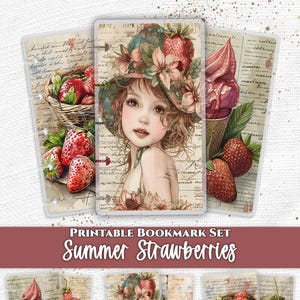 Peut inclure: Un ensemble de marque-pages imprimables illustrés de fraises, d'un enfant portant un chapeau floral et de cornets de glace. Les motifs intègrent du texte manuscrit vintage et une palette de couleurs rouge, vert et crème. Le texte Everpage est visible.