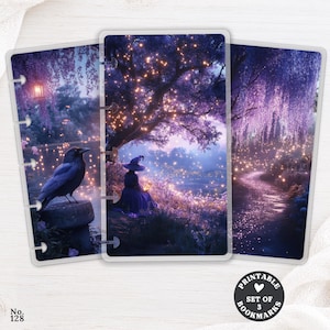 May include: A set of three rectangular bookmarks featuring fantasy illustrations in shades of purple and gold. One shows a black crow, another a figure in a hat under a glowing tree, and the third a path through a wisteria forest with fireflies.