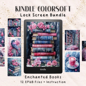 Op de afbeelding: Een Kindle Colorsoft Lock Screen Bundle met een digitale illustratie van een stapel boeken en roze rozen. De afbeelding bevat andere illustraties van boeken, een vogel, een huis en een kopje koffie. De tekst luidt "Enchanted Books" en "12 EPUB-bestanden + Instructie."