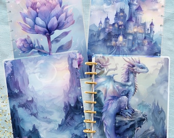 Mystic Dragon Classic Disc Bound Cover, Happy Planner, Laminate Printed Front Back Set, Journal Accessory, Fantasy Blue Notebook Cover Set