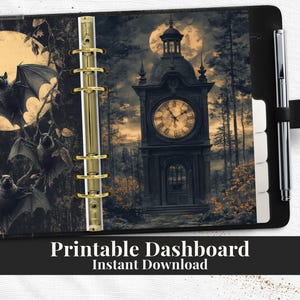 May include: Black planner with a spooky illustration of bats, a clock tower, and a full moon. The planner has gold rings and a pen holder. Text at the bottom reads "Printable Dashboard Instant Download."