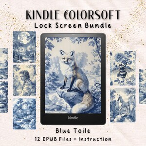 May include: A Kindle Colorsoft e-reader displaying a blue toile fox illustration, surrounded by eleven smaller blue toile digital images featuring a ship, a person, a house, a bee, a horse, and a deer. Text reads: KINDLE COLORSOFT Lock Screen Bundle Blue Toile 12 EPUB Files + Instruction.