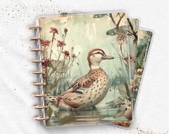 Juego de cubiertas laminadas para agenda / Encuadernado con disco / Happy Planner y TUL / Ilustración vintage de un prado de patos