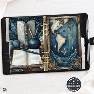 May include: A black ringbound planner featuring a dashboard with an open book, a blue ink pot with brushes, and a vintage-style map of the Americas. The planner includes gold-toned rings and a silver pen attached to the side, with the text Printable HP + TUL Ringbound Dashboard.