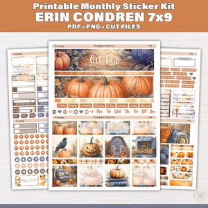 Könnte beinhalten: Ein druckbares monatliches Sticker-Set für Erin Condren 7x9 Planer im Pumpkin Harvest Design. Die Bögen enthalten Kürbis-Illustrationen, einen schwarzen Raben, herbstliche Boxen, Datums-Kreise sowie Etiketten für Aufgaben und Termine.