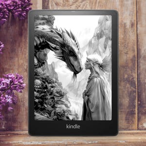 May include: A black and white image on a Kindle e-reader depicts a dragon and a person with long hair and pointed ears. The dragon is facing the person and has its mouth open. The person is wearing a long robe and has their hands clasped in front of them. The background is a blurred image of a mountain range.