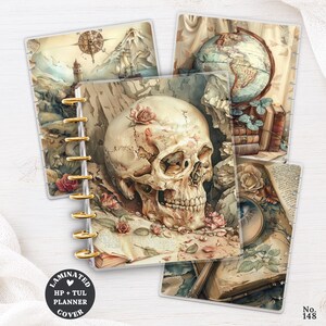 May include: A set of three laminated planner covers featuring vintage-style illustrations of a human skull with roses, a globe with books, and a nautical map with a compass. The covers have gold-colored binding discs and text reading LAMINATED HP + TUL PLANNER COVER.