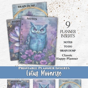 May include: Nine printable planner inserts for a Classic Happy Planner featuring the Lotus Moonrise theme. The pages display watercolor illustrations of a blue owl, purple lotus flowers, and a pine tree within a gold circle, with text labels including Notes, To Do, and Brain Dump.