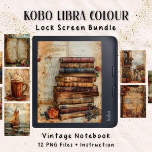 Könnte beinhalten: Ein Kobo Libra Colour E-Reader, der einen Stapel alter Bücher auf dem Bildschirm anzeigt, umgeben von zwölf kleineren digitalen Bildern mit Motiven wie Bergen, einer Kaffeetasse, einem Schiff und Blumen, mit dem Text Kobo Libra Colour Lock Screen Bundle.