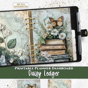 May include: A black ringbound planner featuring a printable dashboard titled Daisy Ledger. The interior pages display a vintage map background with illustrations of stacked books, white daisies, a butterfly, and white hydrangea flowers.