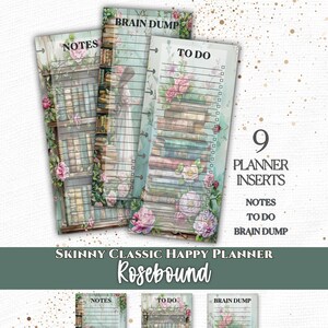 May include: Nine skinny classic Happy Planner inserts featuring a Rosebound theme. The paper sheets display illustrations of bookshelves, pink roses, and a person reading. Text includes Notes, To Do, and Brain Dump. The design has a light blue background.