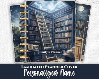 Personalized Planner Cover Set | Happy Planner and TUL | Custom Name Laminated Discbound Cover | Moonlit Library Cozy Books