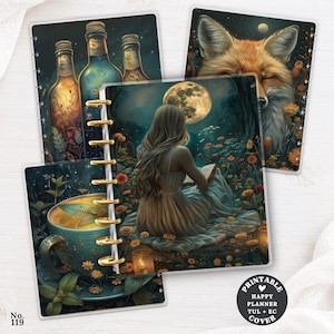 Könnte beinhalten: Drei scheibengebundene Planer-Cover mit Fantasy-Illustrationen: leuchtende Flaschen, ein Fuchskopf und eine Person, die in einem mondbeschienenen Feld neben einer Teetasse liest. Ein kreisförmiges Abzeichen zeigt: PRINTABLE HAPPY PLANNER TUL + EC COVER.