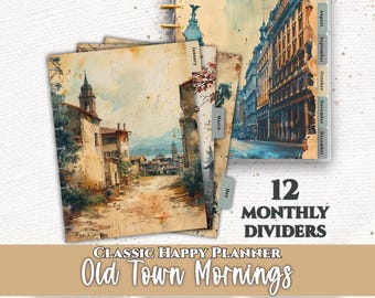 Old Town Mornings Monthly Planner Dashboard Dividers | 12 Tab Printable Classic Happy Planner Insert | Digital Download