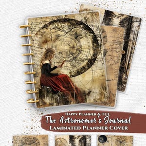 May include: A set of laminated planner covers featuring the text Everpage, Happy Planner & TUL, The Astronomer's Journal, Laminated Planner Cover. The designs include a person reading, a flower, a forest, and scientific diagrams in sepia tones.