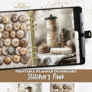 May include: A black ringbound planner featuring a printable dashboard with the text Everpage and HP TUL RINGBOUND. The dashboard displays a vintage-style image of sewing buttons, spools of thread, and text labeled Stitcher's Nook.