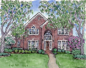 Watercolor House Portrait, Handpainted custom painting of our home, pen&ink and watercolor personalized house portrait, our First Home