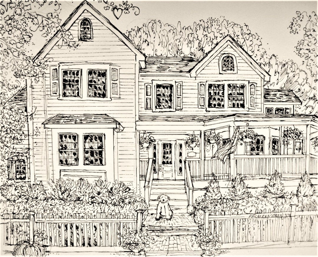 Pen and Ink Hand-drawn Custom House Drawing, House Portrait From Photo ...