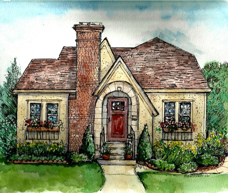 Pen&Ink and Watercolor House Portrait, custom personalized art from your photo, handpainted by artist, original portrait of Home or Business image 4