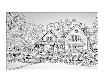 Drawing of house, custom original home portrait, hand drawn pen and ink house sketch, personalized art from photo, housewarming gift