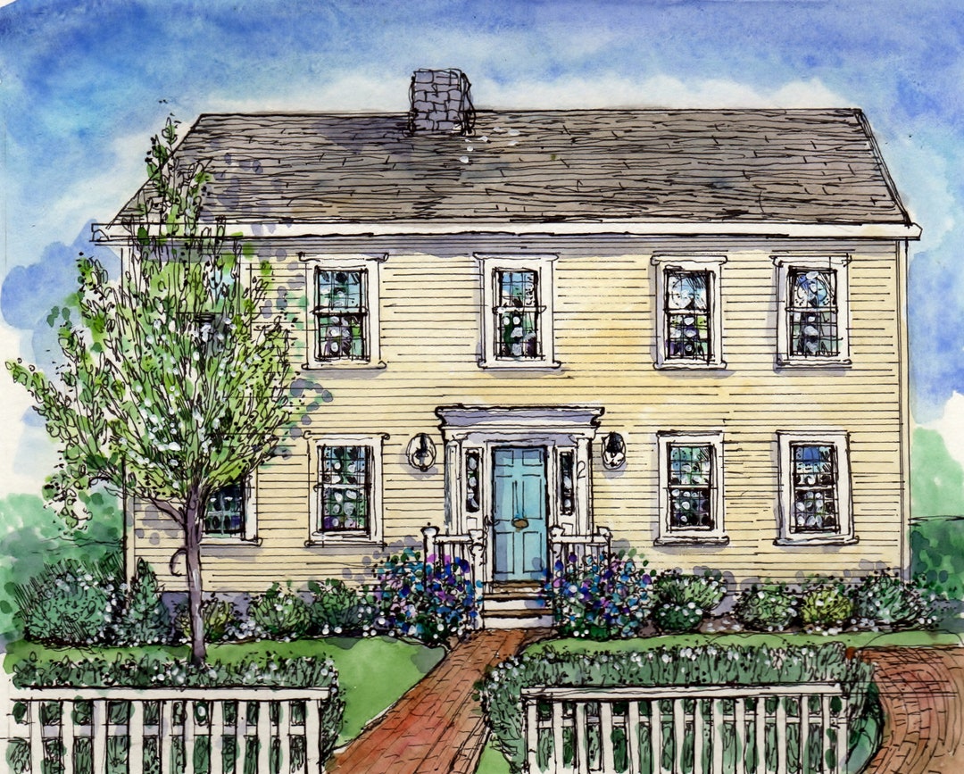 Custom House Portrait , Pen&ink and Watercolor Original Handpainted ...