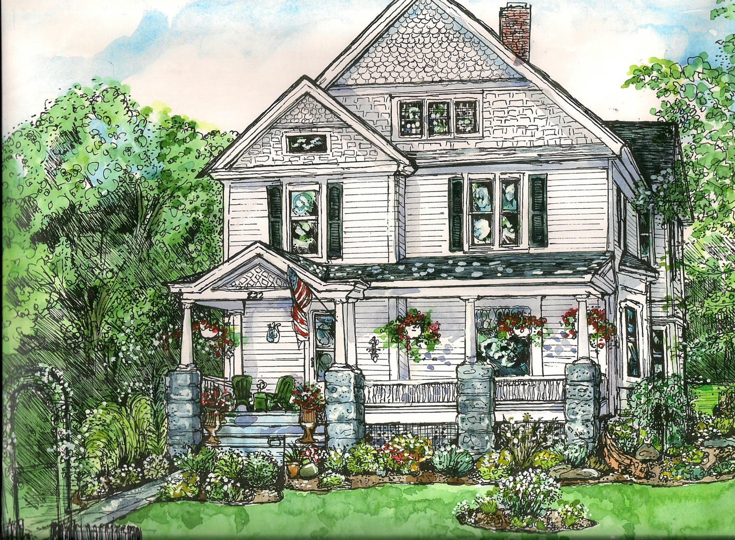 Custom House PortraitPen and Ink hand-drawn houseWatercolor | Etsy