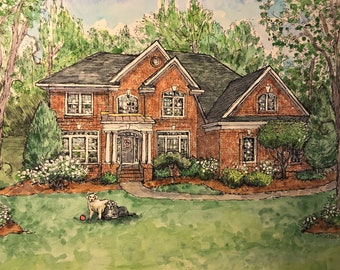 May include: Watercolor painting of a two-story brick house with a dark gray roof, white trim, and multiple windows. Two dogs are lying on the green lawn in front of the house. The house is surrounded by trees and bushes.
