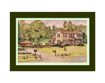May include: A watercolor painting of a two-story house with a detached garage, surrounded by green trees and a lawn. The scene includes a wooden fence, a paved driveway, and landscaping, all enclosed within a dark green and light green frame.