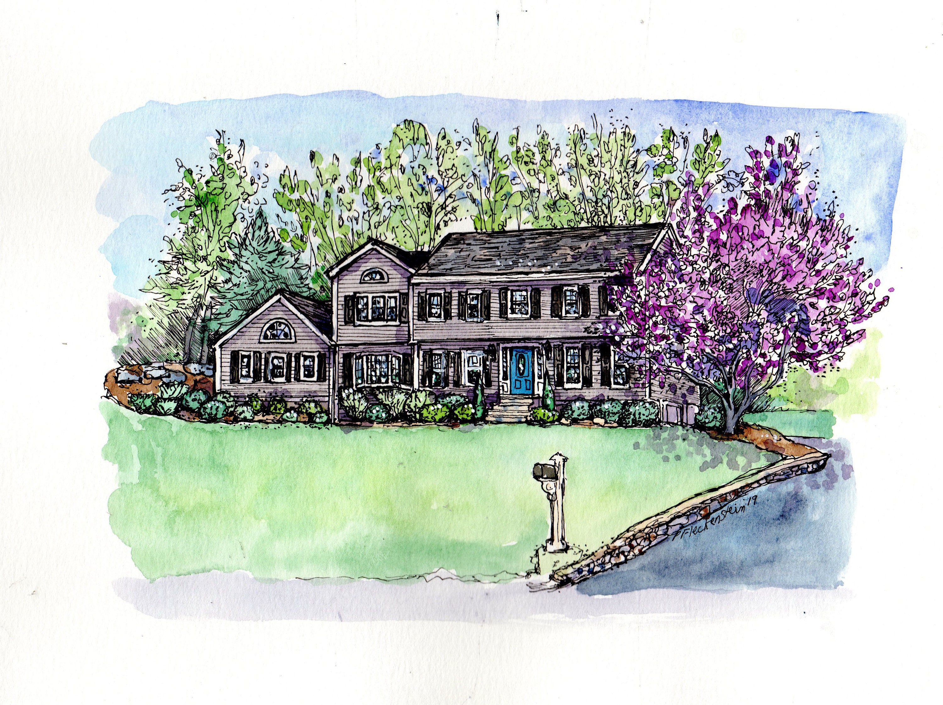 Original Custom House Portrait Handpainted in Pen&ink and Watercolor ...