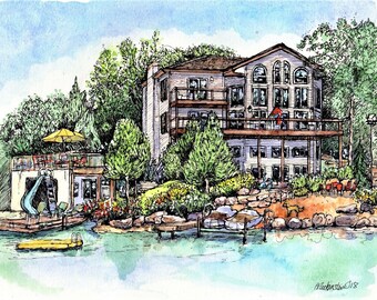 Watercolor House Portrait, Handpainted custom painting of our home, pen&ink and watercolor personalized house portrait, our First Home