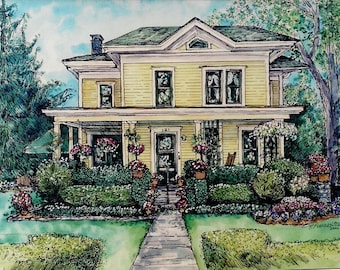 May include: Watercolor painting of a two-story yellow house with a green roof and white trim. The house has a porch with hanging flower baskets and a well-manicured front yard with a stone walkway. The house number "121" is visible.
