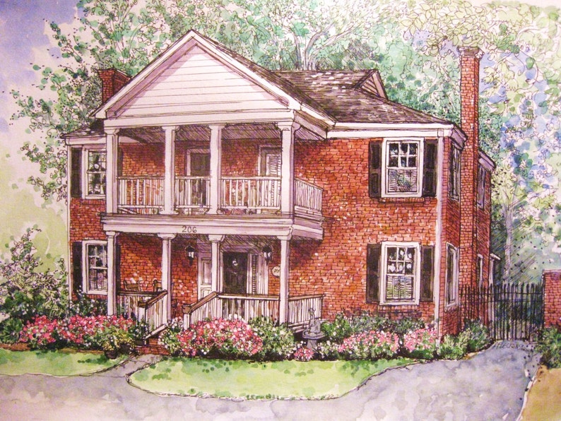 Pen&Ink and Watercolor House Portrait, custom personalized art from your photo, handpainted by artist, original portrait of Home or Business image 2