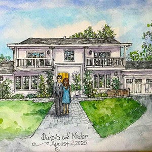 Handpainted House Portrait, 8"x10" pen/ink and watercolor original custom Church or Home, wedding gift, bride and groom, anniversary gift