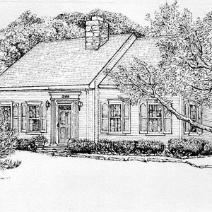 Könnte beinhalten: Schwarz-weiß-Zeichnung eines einstöckigen Hauses mit einer Haustür, Fenstern und einem Schornstein. Das Haus ist von Bäumen und Büschen umgeben.