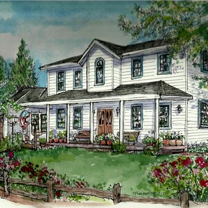 Pen&Ink and Watercolor House Portrait, custom personalized art from your photo, handpainted by artist, original portrait of Home or Business image 1